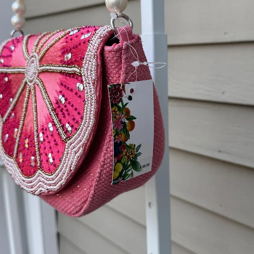 Kayu Limited Edition Pink Grapefruit Beaded Pearl Strap Shoulder Bag Novelty